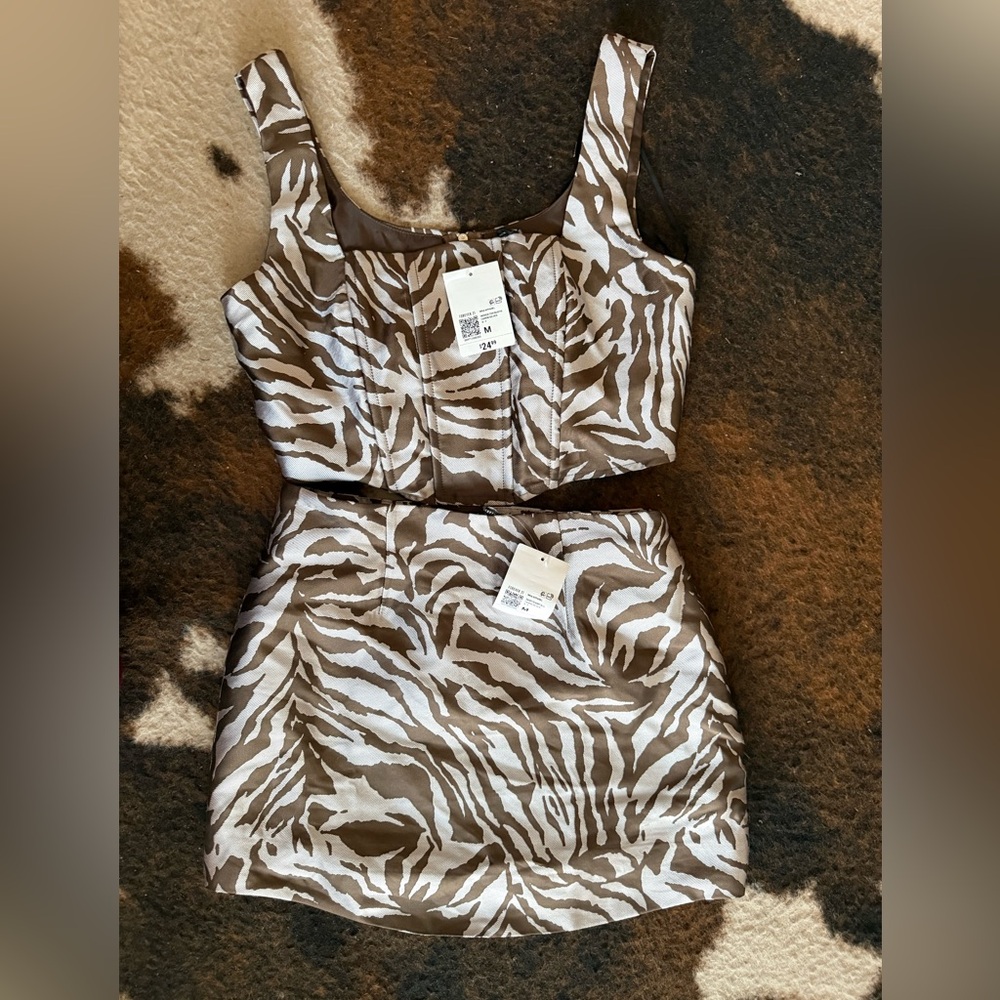 Forever 21 Brown and Silver Zebra Print Skirt Set
